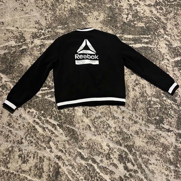 Reebok Bomber Jacket Black & White Full Zip Fleece Lined Polyester Shell Size XL - Picture 8 of 11